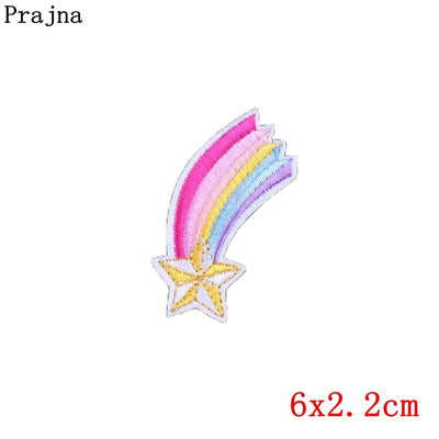 Colorful star-shaped patch with rainbow design on a white background, branded 'Prajna'.