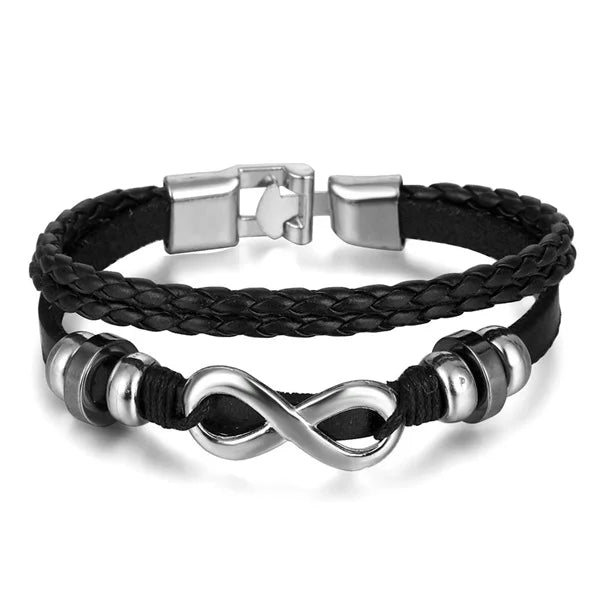 Black braided leather bracelet with silver infinity symbol and clasp on a white background