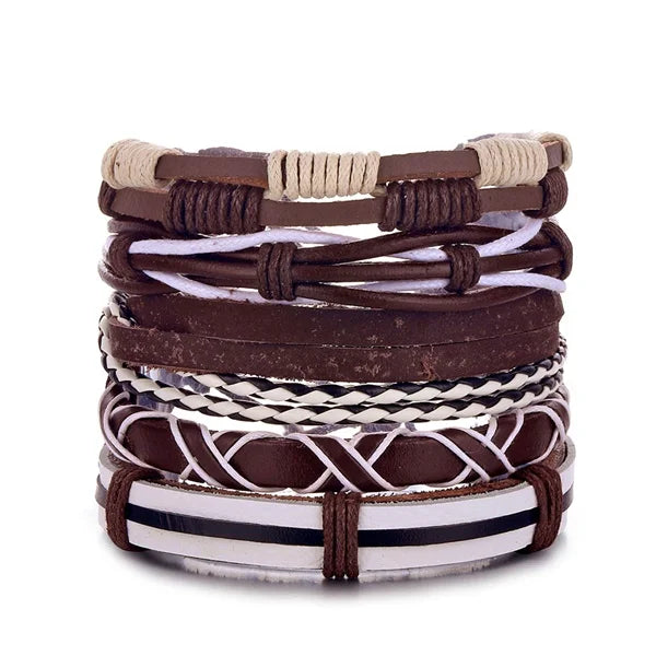 Stack of brown and beige leather bracelets on a white background