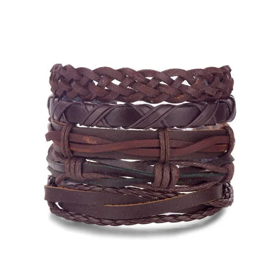 Stack of braided leather bracelets on a white background