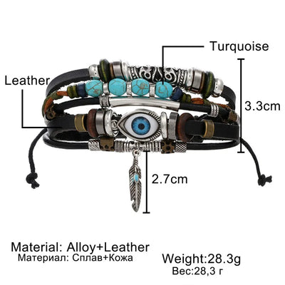 Multi-layered bracelet with eye charm and turquoise beads, showing measurements and material details.