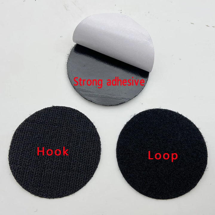 Hook and loop fastener components with adhesive on a white background