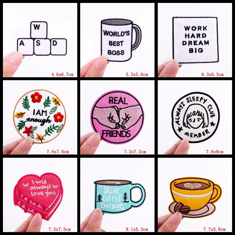 Collection of various motivational and decorative stickers held by hands with dimensions displayed.