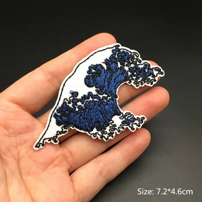 🎨Iron-On Nature & Art Patch — Van Gogh, Wave, Mushroom & Mountain Landscape Embroidered Badge