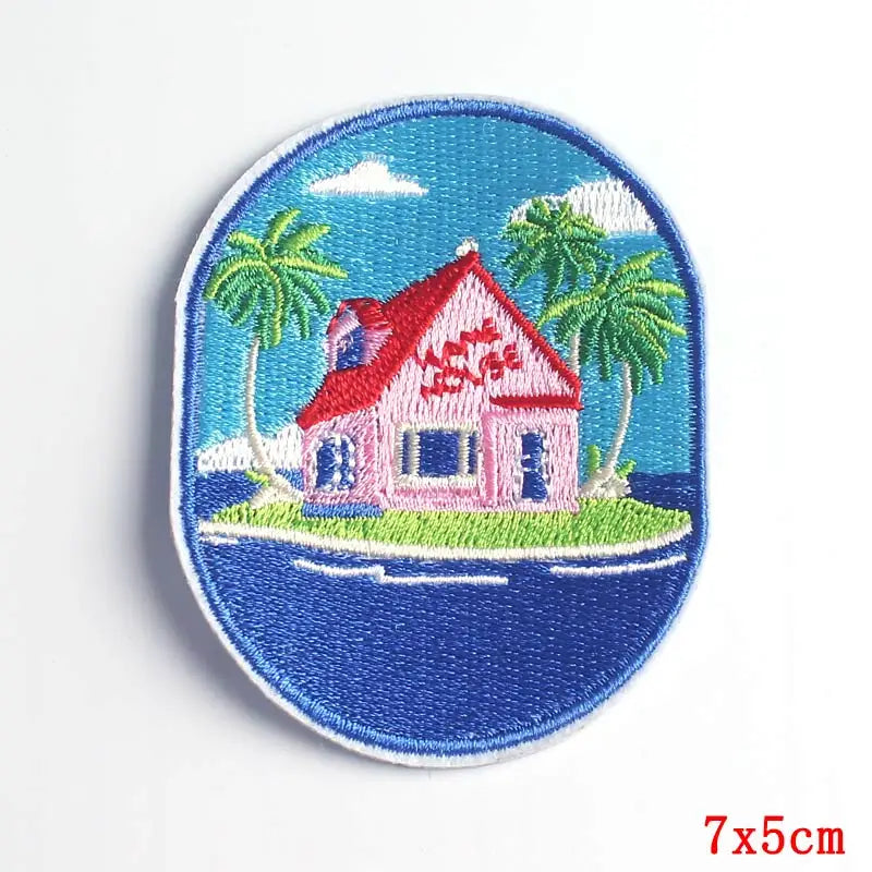 Embroidered patch of a house with palm trees on an island, size 7x5cm.