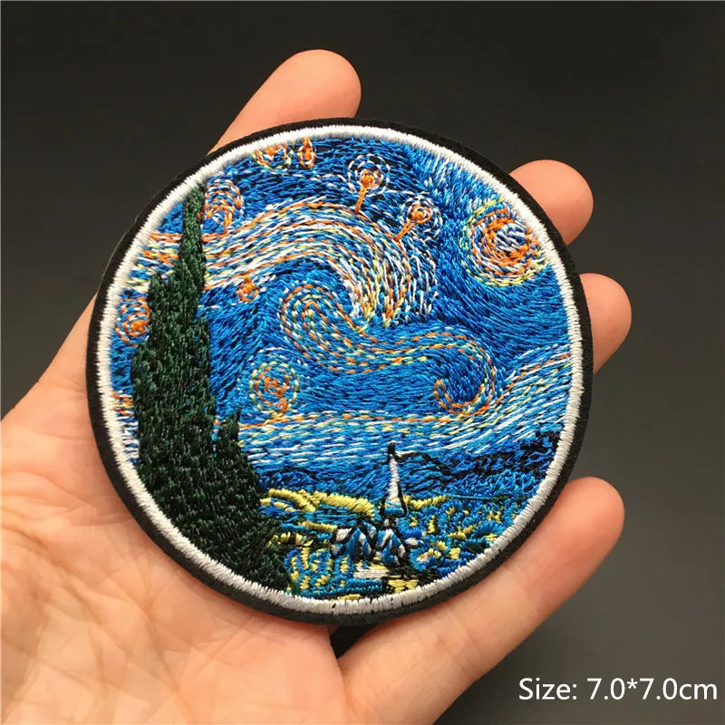 🎨Iron-On Nature & Art Patch — Van Gogh, Wave, Mushroom & Mountain Landscape Embroidered Badge