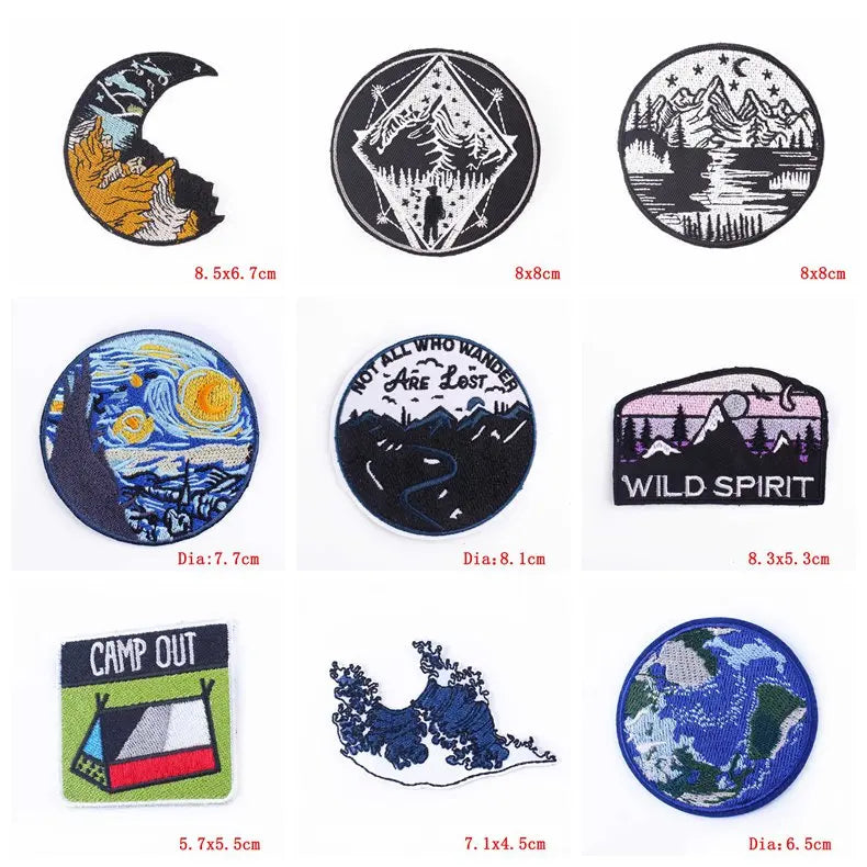Collection of various patches with different designs and sizes on a white background.