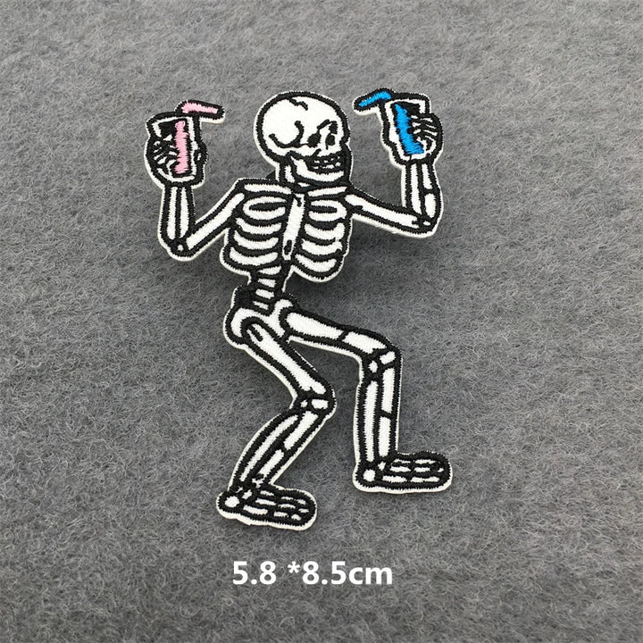 Skeleton character holding colorful objects on a gray background with size measurement