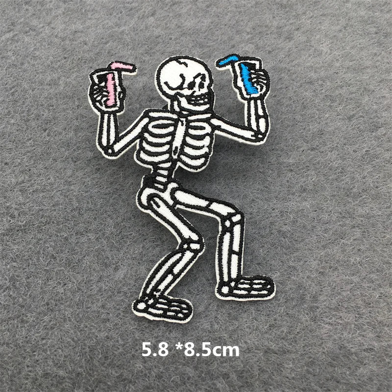 Skeleton character holding colorful objects on a gray background with size measurement