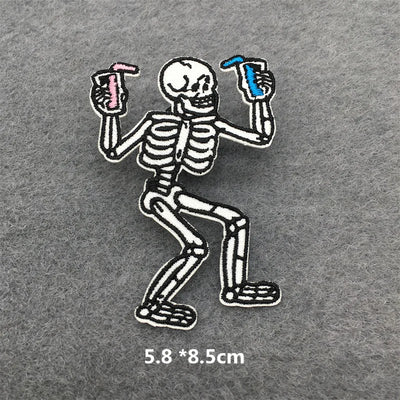 Skeleton character holding colorful objects on a gray background with size measurement