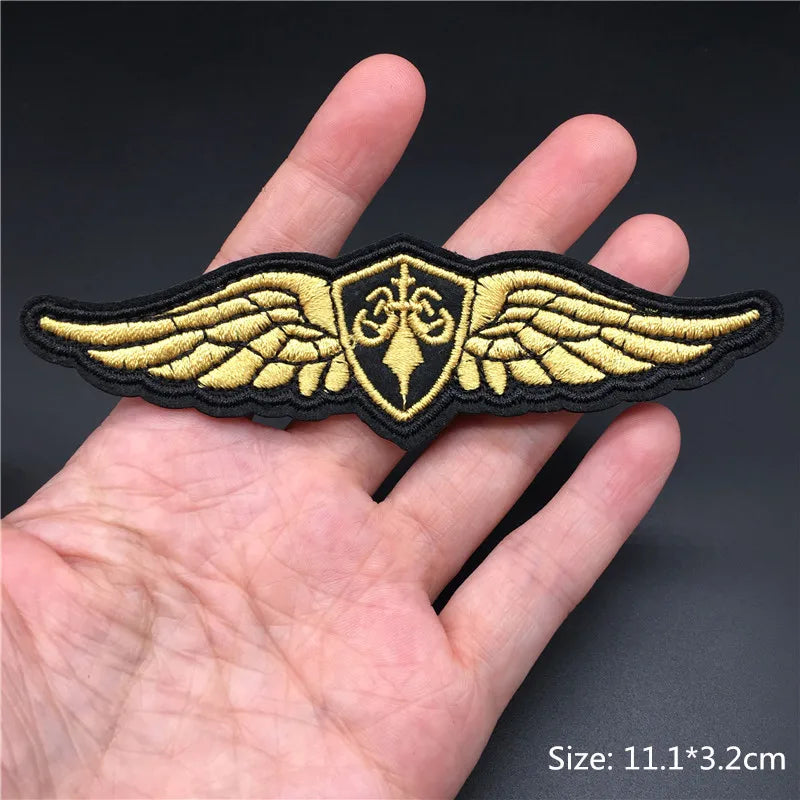 Gold and black wings patch held in a hand with a dark background