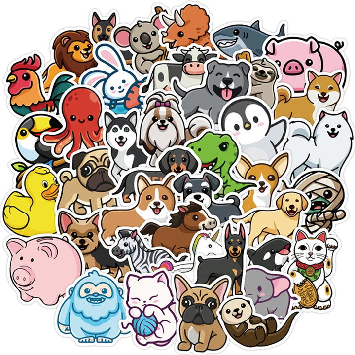 Collection of various cartoon animal stickers on a white background