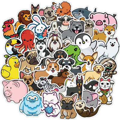 Collection of various cartoon animal stickers on a white background