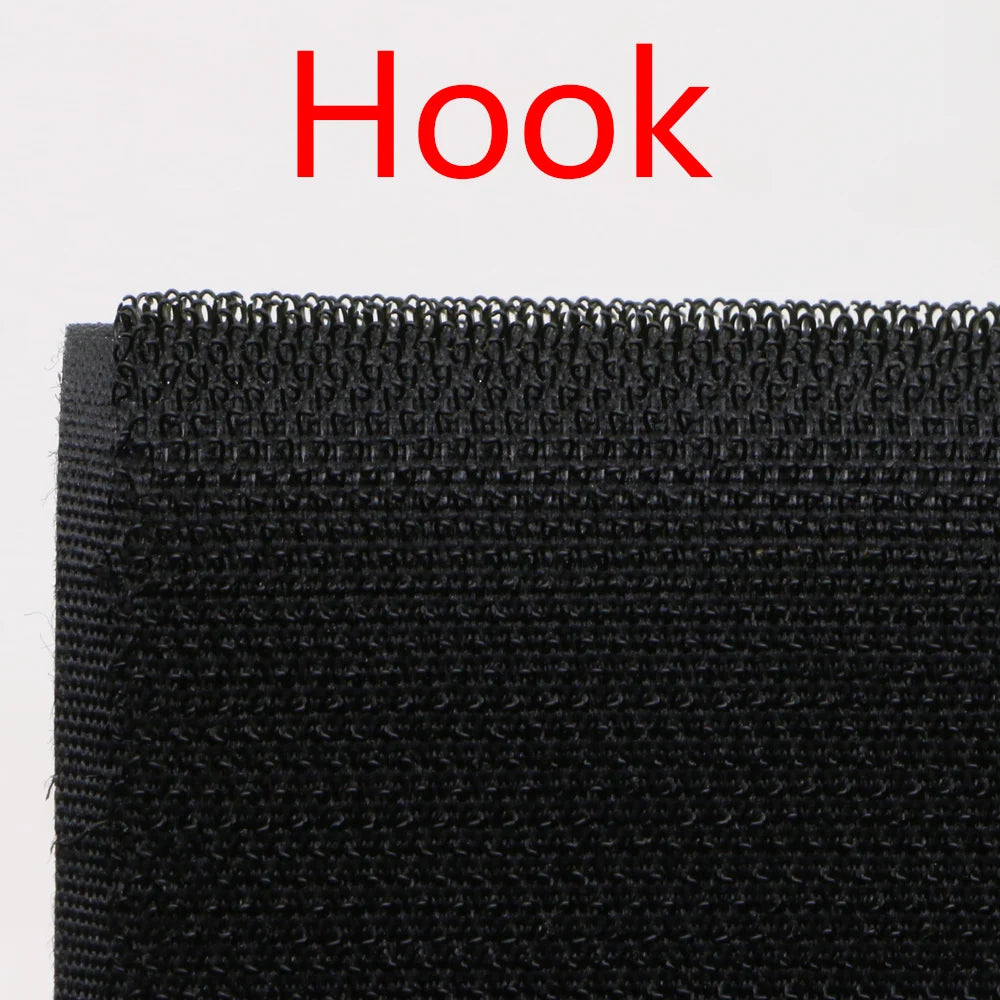 Close-up of black hook fabric with 'Hook' text in red above it on a white background