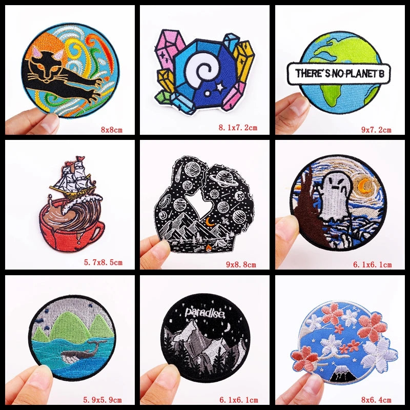 Collection of various colorful stickers with different designs held by hands, showing dimensions.