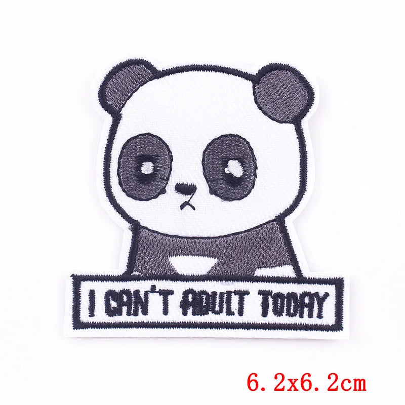 Embroidered patch with a panda and text 'I CAN'T ADULT TODAY' on a white background.