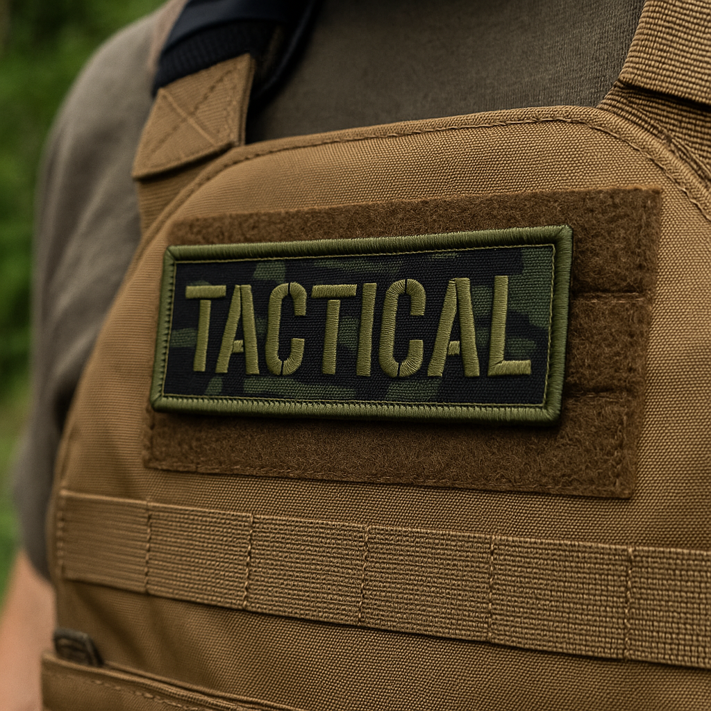 Brown tactical vest with a 'Tactical' patch on a blurred green background