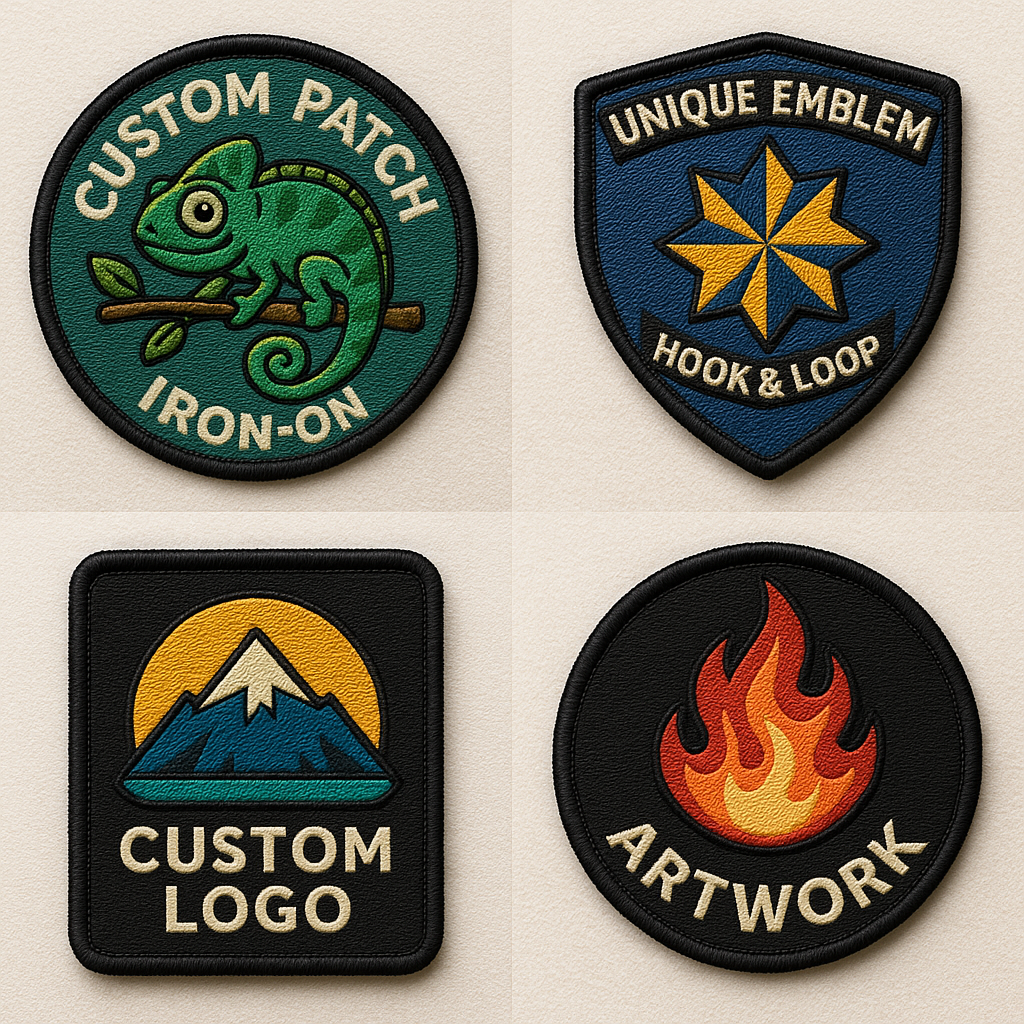 Four different types of custom patches on a beige background