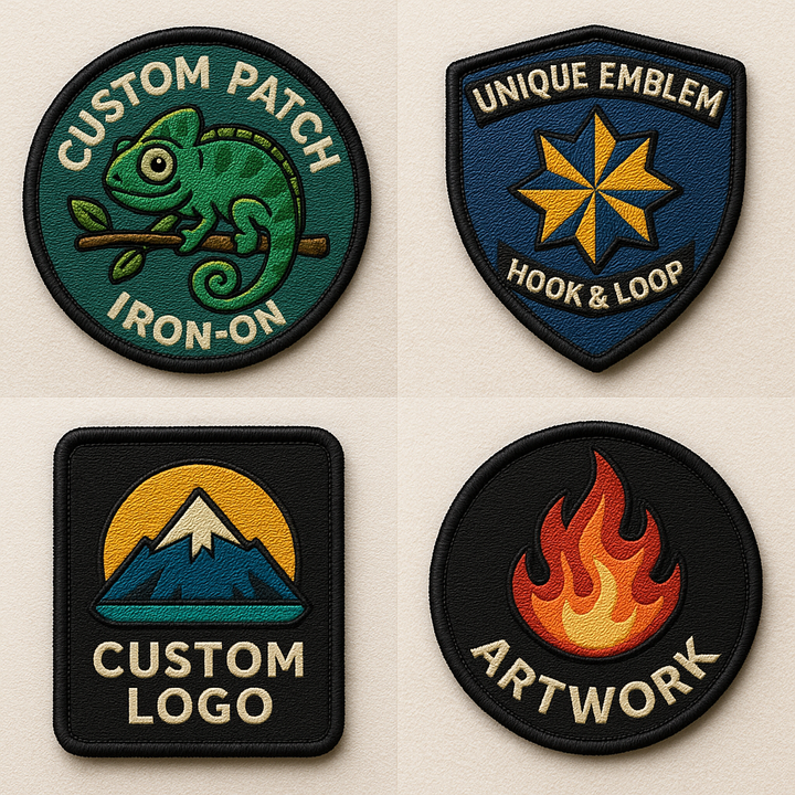 Four different types of custom patches on a beige background