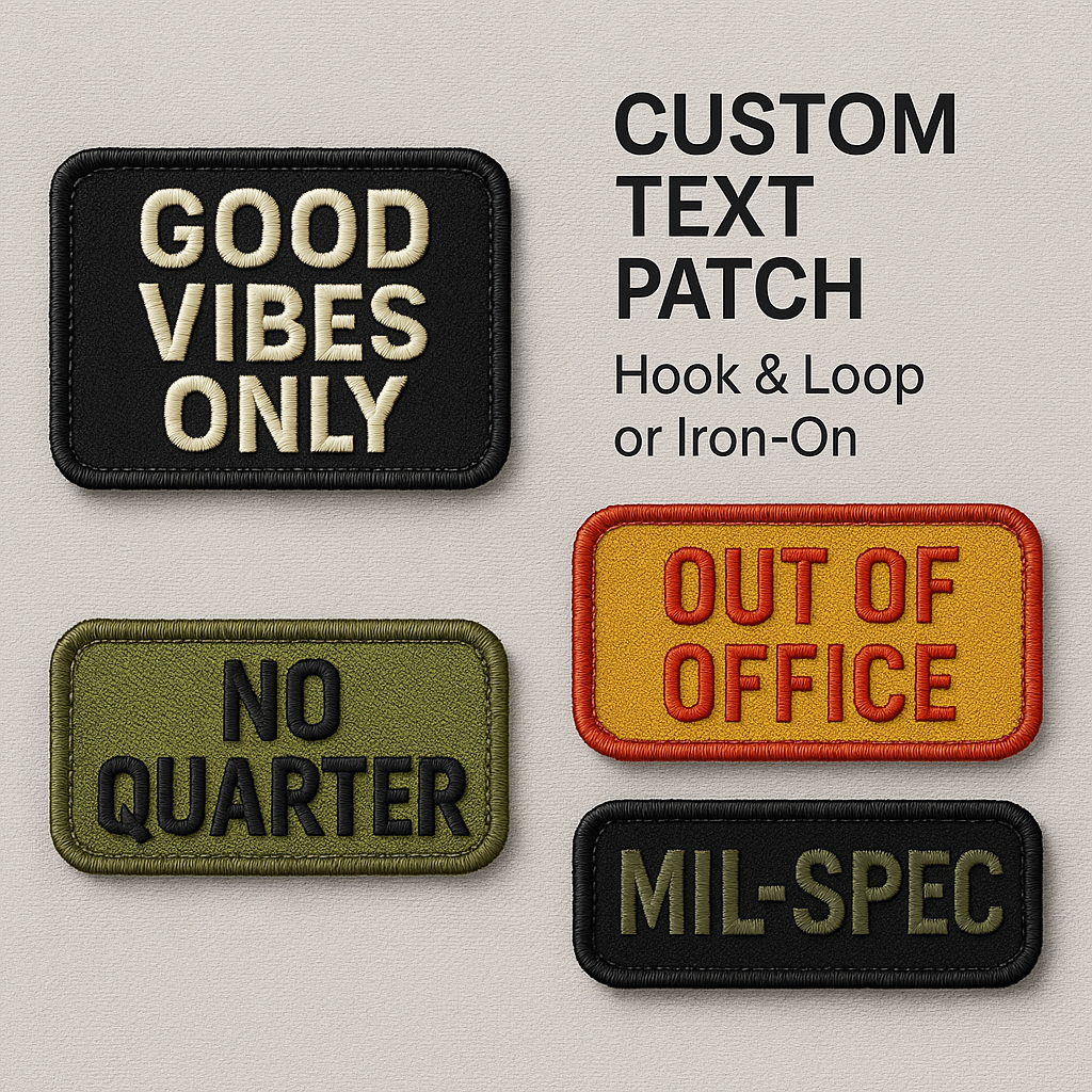 Set of customizable text patches with different sayings on a light gray background.