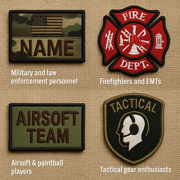 Four tactical patches with labels for different groups on a beige background