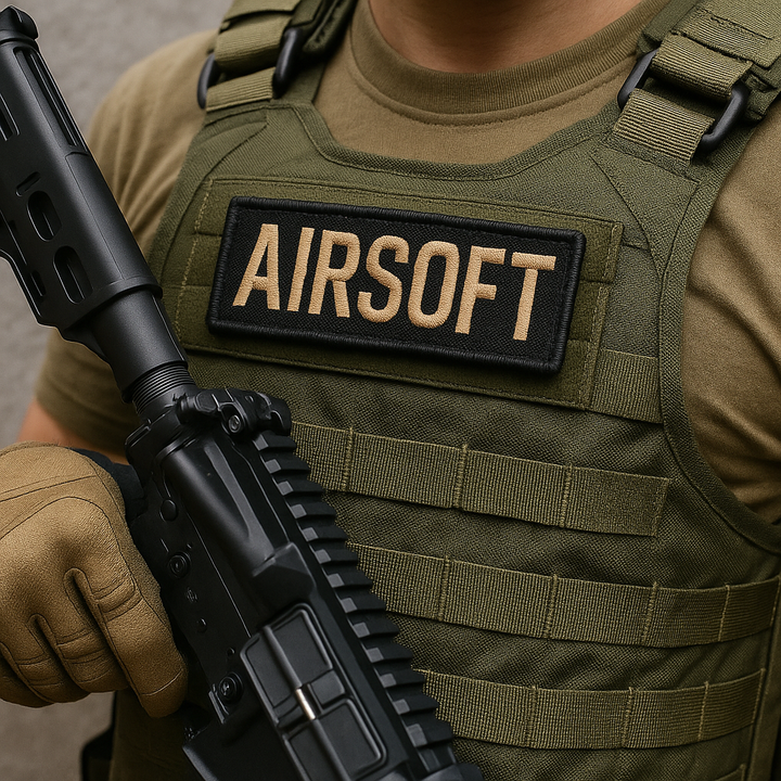 Person wearing an airsoft vest with a black rifle