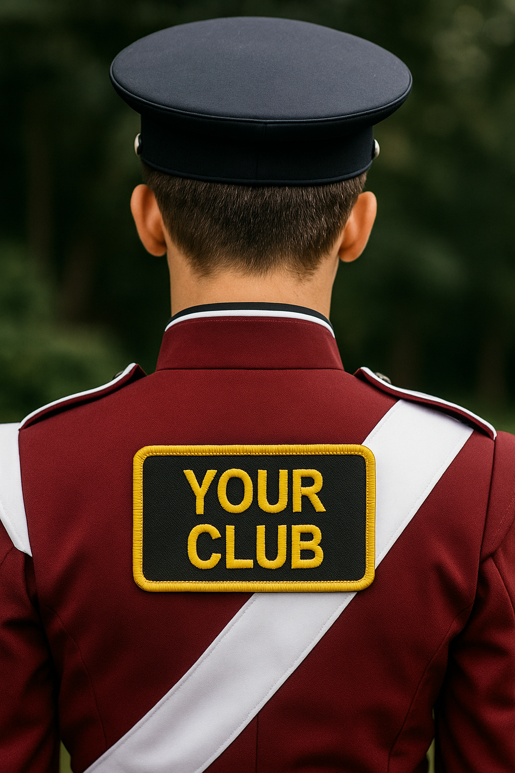 Person wearing a maroon uniform with a &
