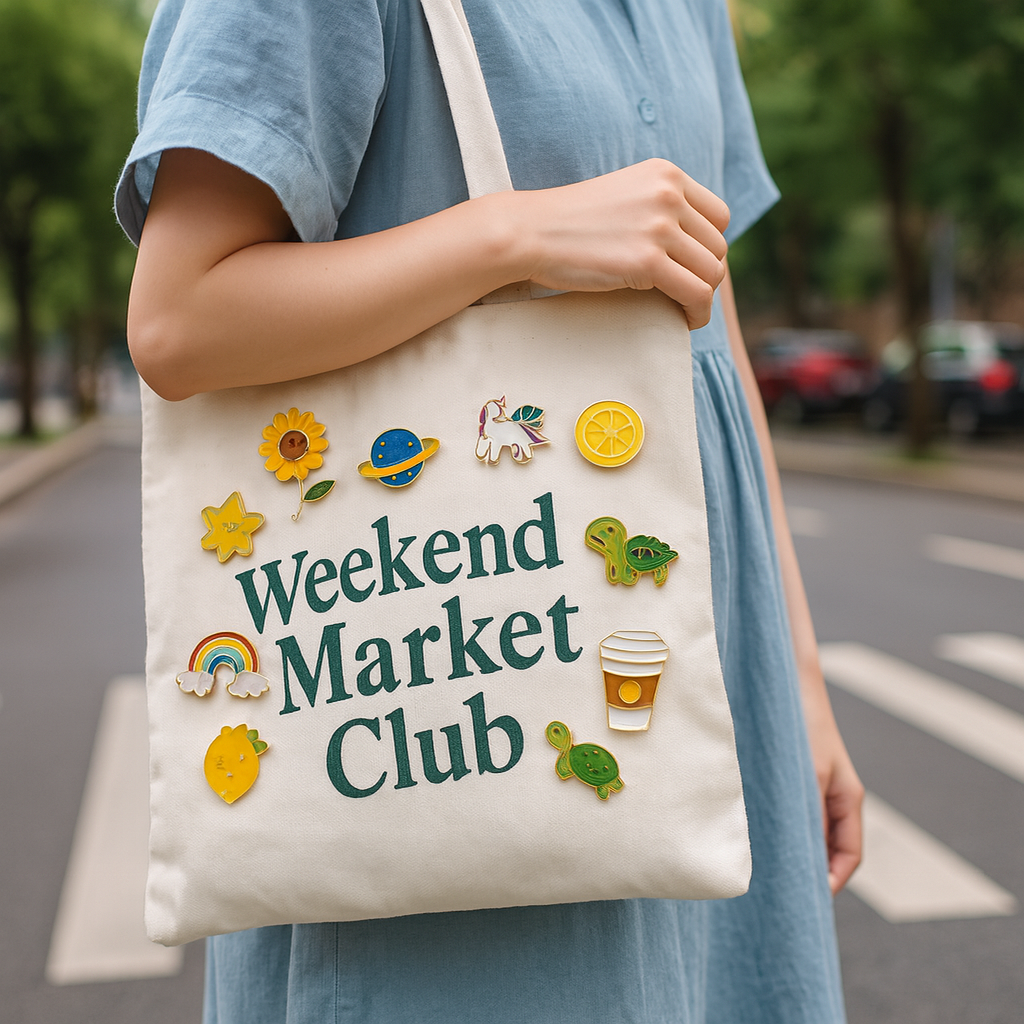 Person holding a tote bag with 'Weekend Market Club' text and various icons on a street.