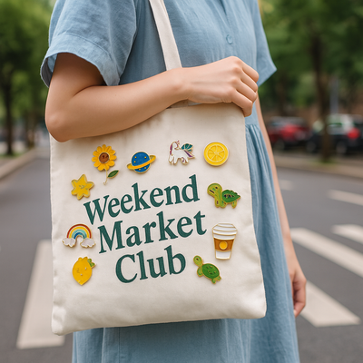 Person holding a tote bag with 'Weekend Market Club' text and various icons on a street.