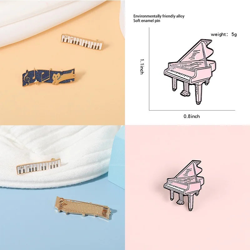 Piano-themed pins on a colorful background with product details.