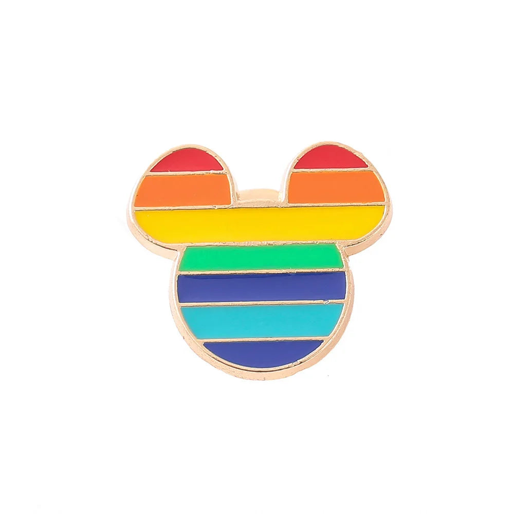 Rainbow-colored Mickey Mouse head pin on a white background