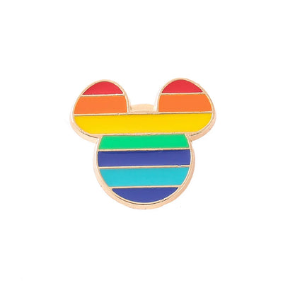 Rainbow-colored Mickey Mouse head pin on a white background