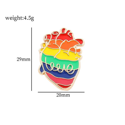 Rainbow-colored heart-shaped pin with measurements and weight on a white background