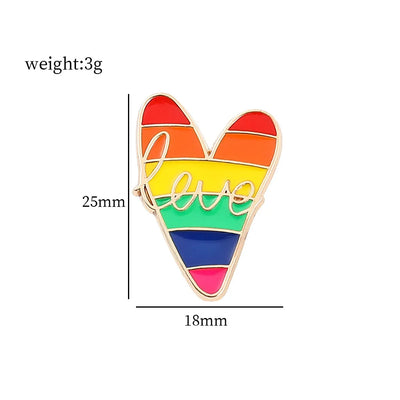 Rainbow heart-shaped pin with 'love' text, shown with measurements on a white background.