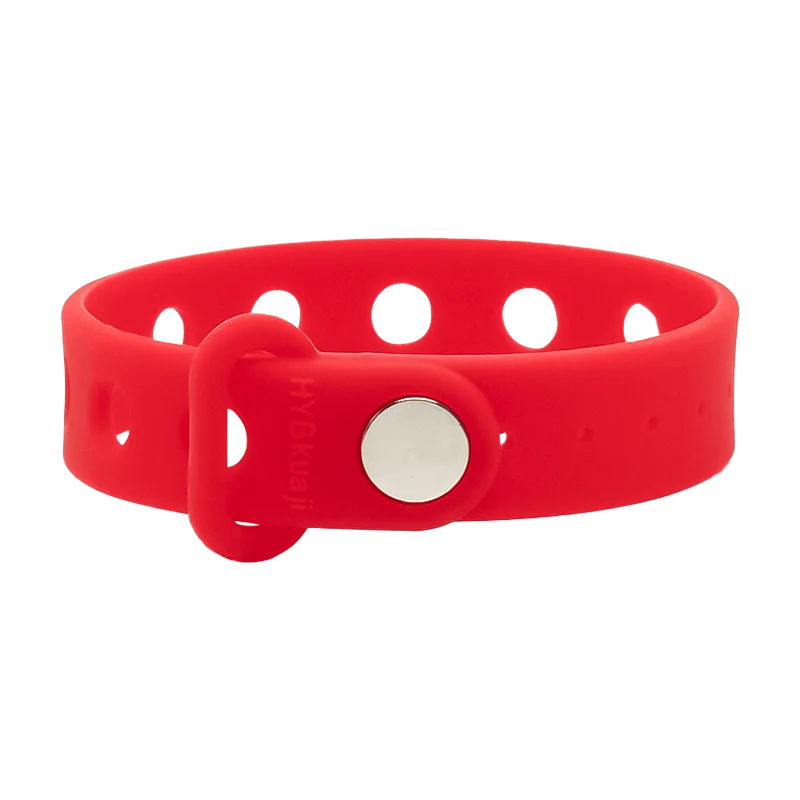 Red silicone wrist band with a silver buckle on a white background