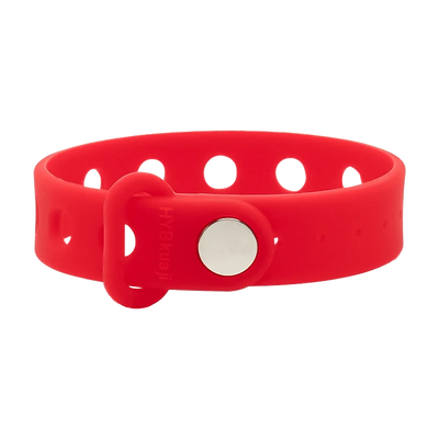 Red silicone wrist band with a silver buckle on a white background