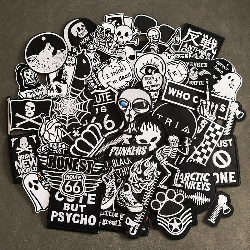 🖤50pcs Black & White Punk Patches – Iron-On Embroidered DIY Set for Jackets, Bags, Jeans, Shirts