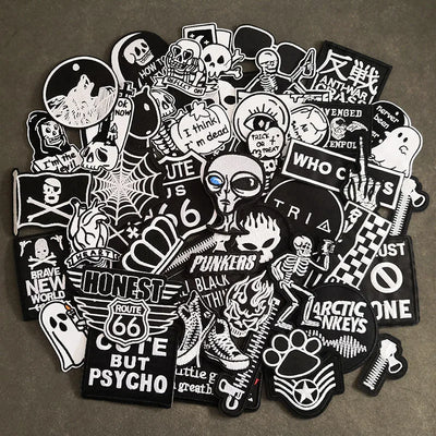 🖤50pcs Black & White Punk Patches – Iron-On Embroidered DIY Set for Jackets, Bags, Jeans, Shirts
