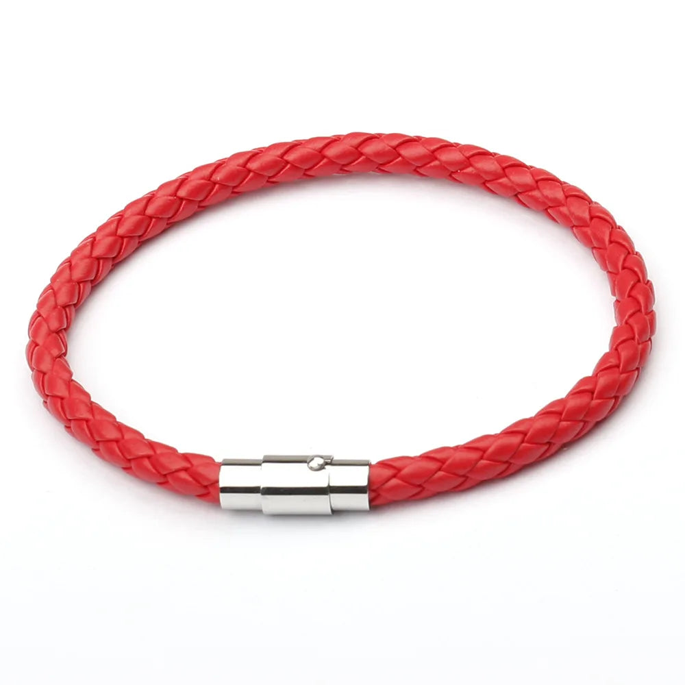 Red braided bracelet with a silver clasp on a white background