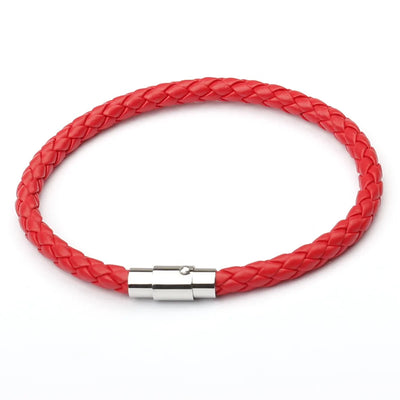 Red braided bracelet with a silver clasp on a white background