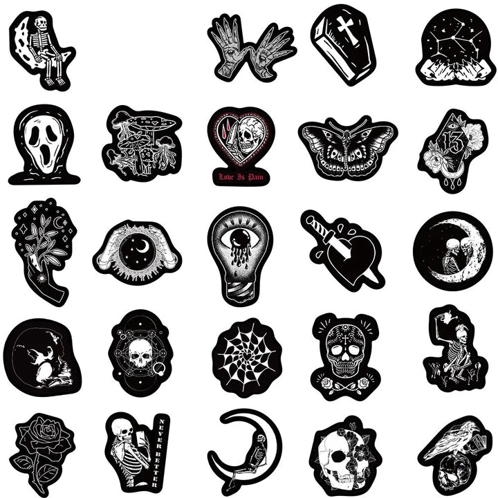 Collection of black and white tattoo designs on a white background
