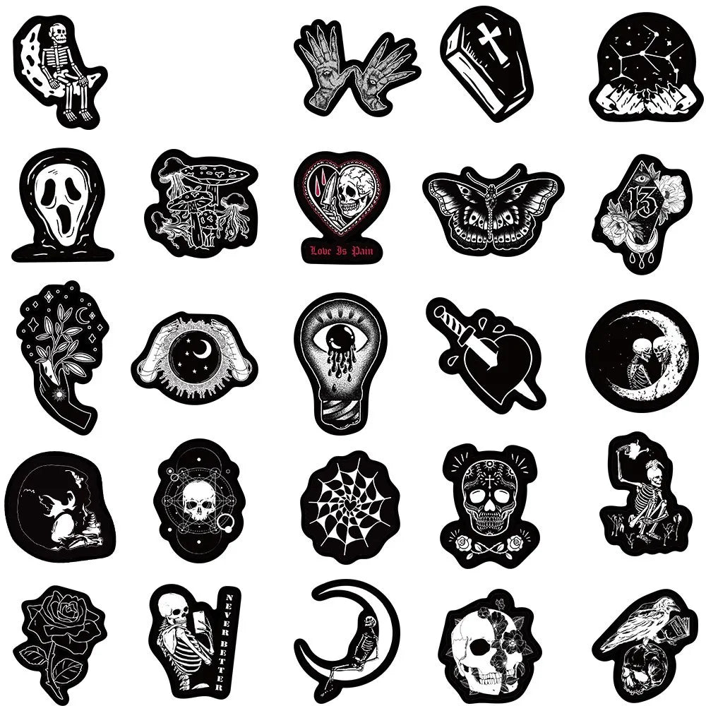 Collection of black and white tattoo designs on a white background