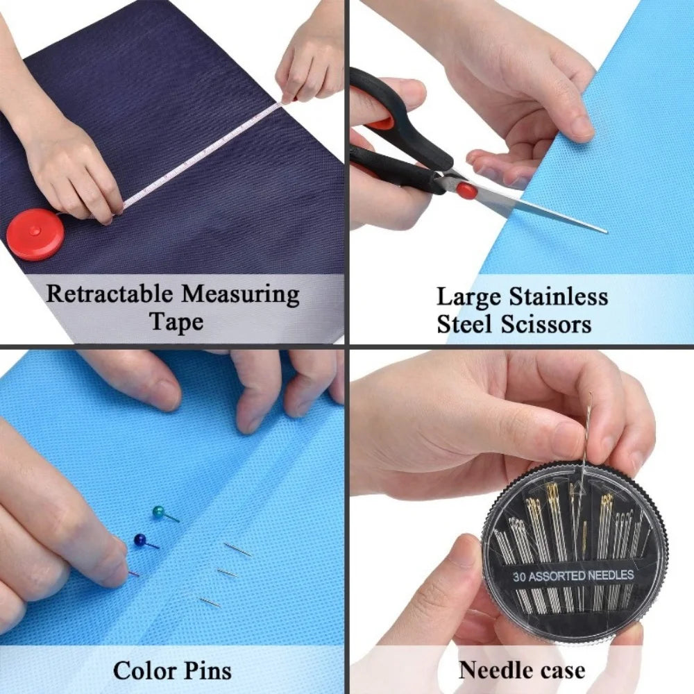 Collage of sewing tools including a retractable measuring tape, large stainless steel scissors, color pins, and a needle case.