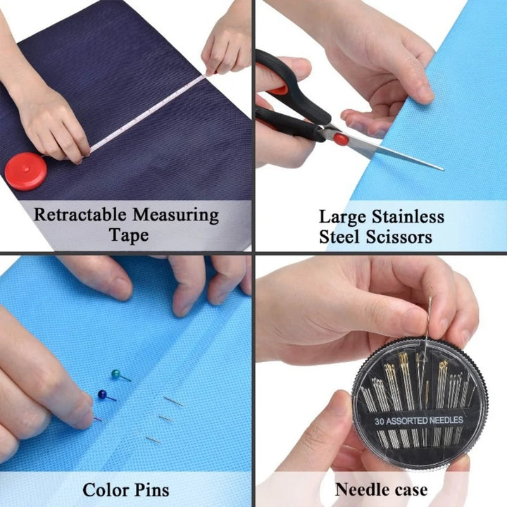 Collage of sewing tools including a retractable measuring tape, large stainless steel scissors, color pins, and a needle case.
