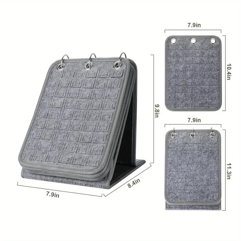 Gray Felt Pin Display Stand with dimensions displayed