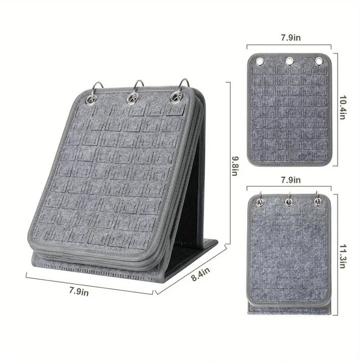 Gray Felt Pin Display Stand with dimensions displayed