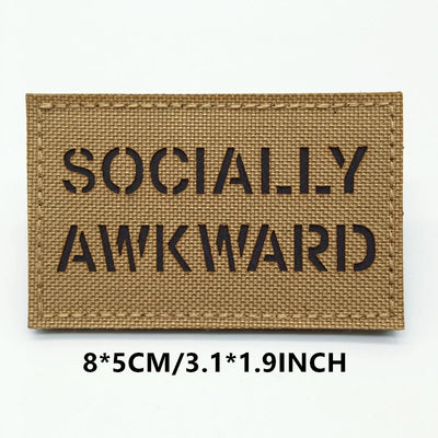 Brown patch with 'SOCIALLY AWKWARD' text on a white background