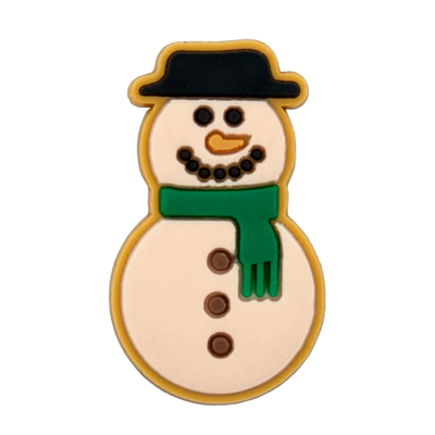 Wooden snowman shoe charm ornament with a green scarf on a white background