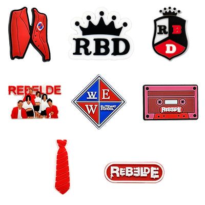 Collection of logos and brand shoe charms including a red jacket, crown, shield, cassette tape, and tie on a white background.