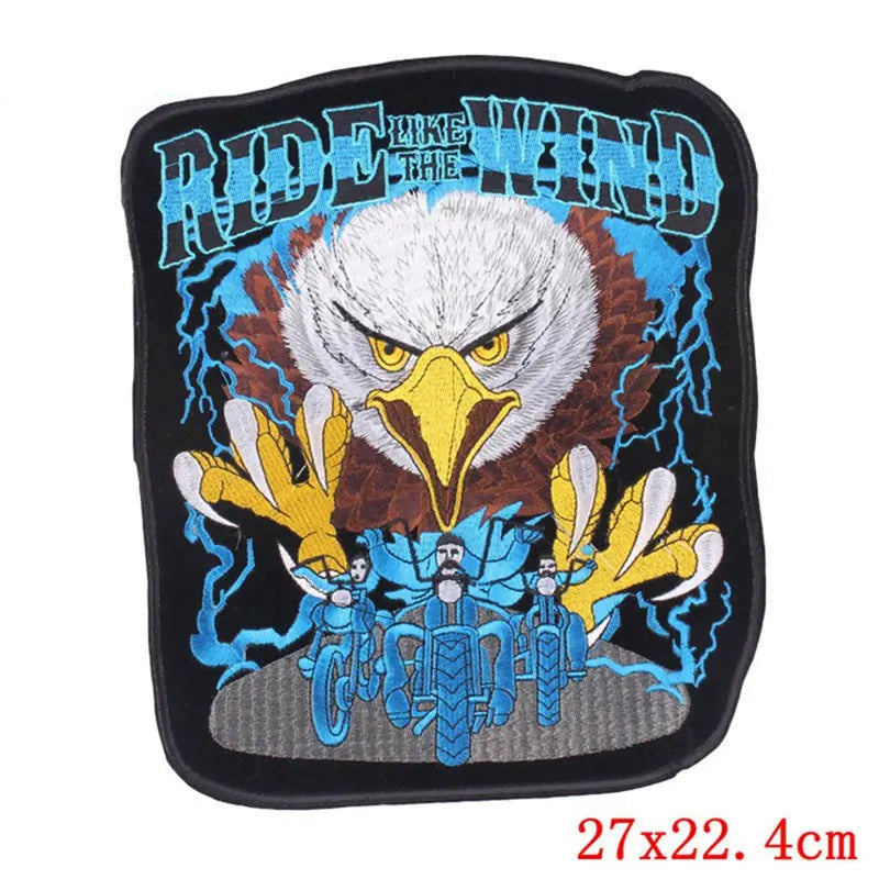 Eagle patch with 'Ride Like The Wind' text and lightning design, brand 'Prajna' visible.